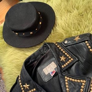 Vtg 90s Tina Too Gold Studded Flat Top Fedora Hat